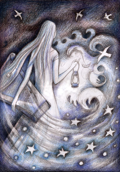 Woman with harp, stars and storm